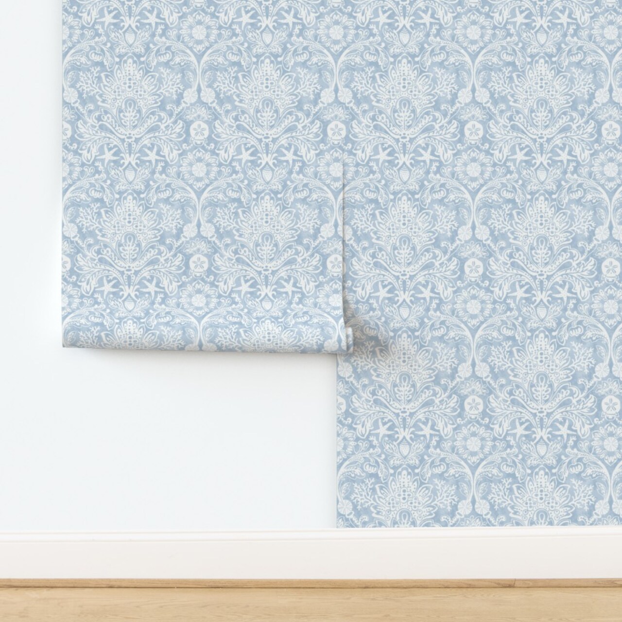 Blue Coastal Damask Seashells Beach Ocean Traditional Serene Botanical Custom Removable Wallpaper by Spoonflower Peel & Stick Wallpaper 2FT Wide
